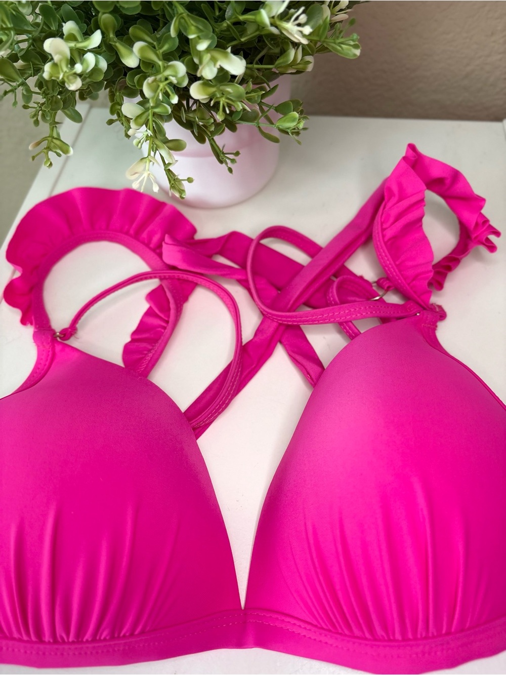 California Waves Neon Pink Bikini Top with Ruffle Trim - Picture 3 of 8